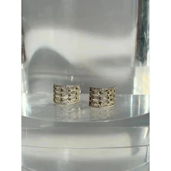 Marcasite Sterling Silver Open Hoop half circle Vintage Earrings - Picture 5 of 8